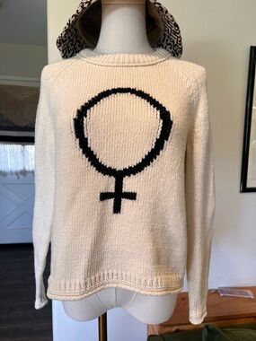 Madewell Cream Knit Crewneck Sweater with Black Feminine Symbol
